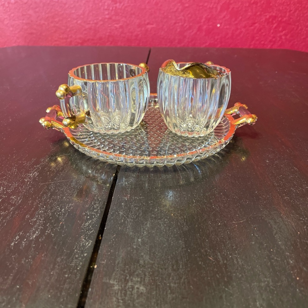 Vintage Creamer Sugar Set Jeanette Glass Co 24K Gold Decorated Hobnail Ribbed
